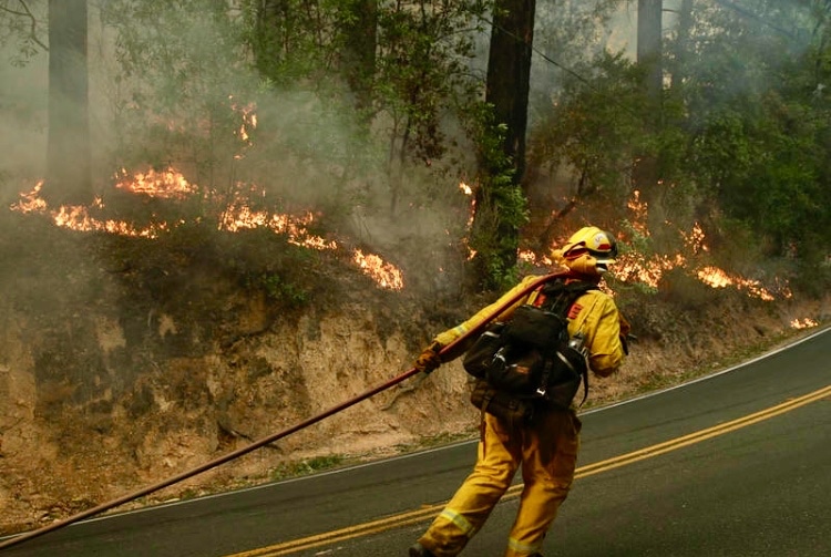 CALFIREman dragging a hose to an active burn