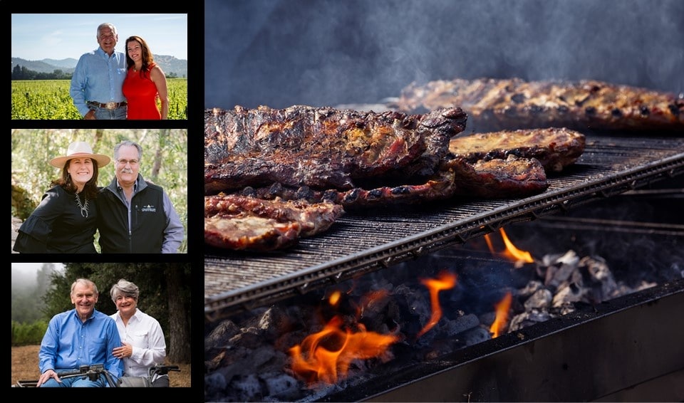steaks on a grill with three inset photos of each host couple