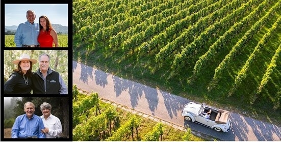 Buy-A-Spot-Rally-BBQ classic car driving through a vineyard with three inset photos of each host couple
