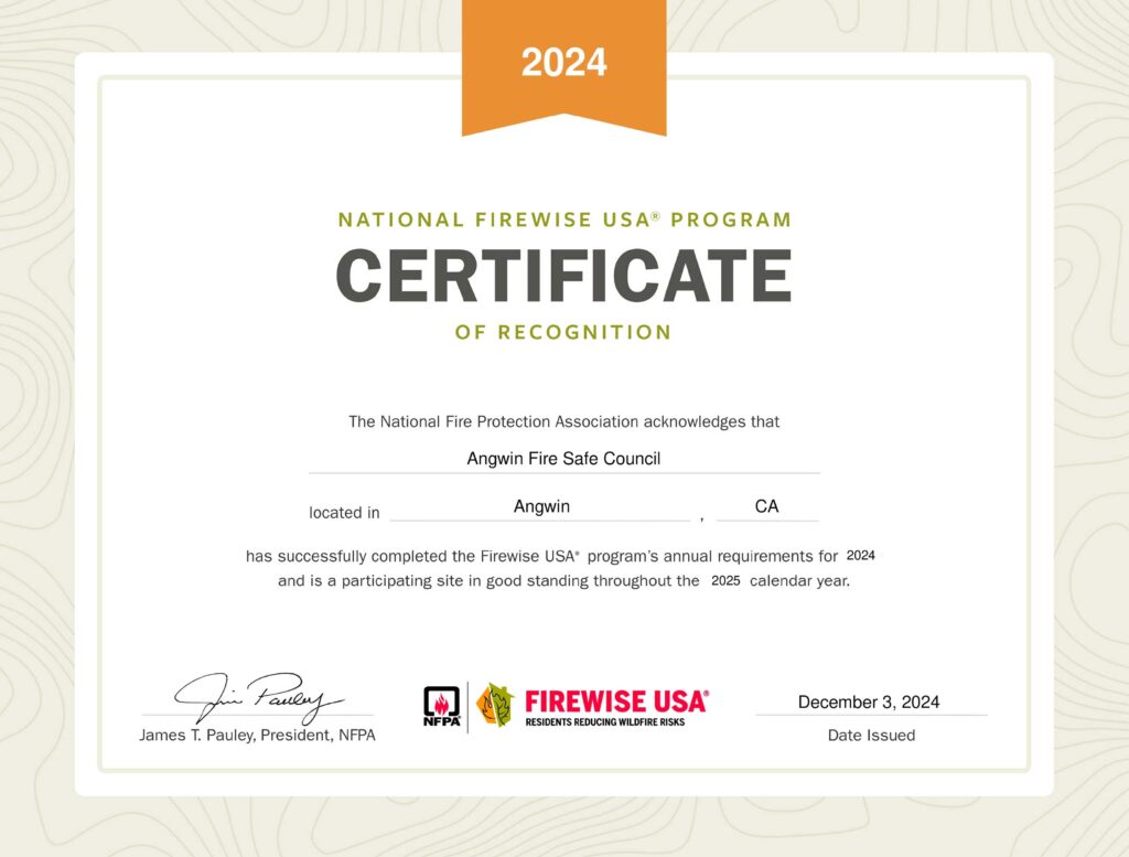 Certificate of Recognition of National Firewise USA program for Angwin FSC